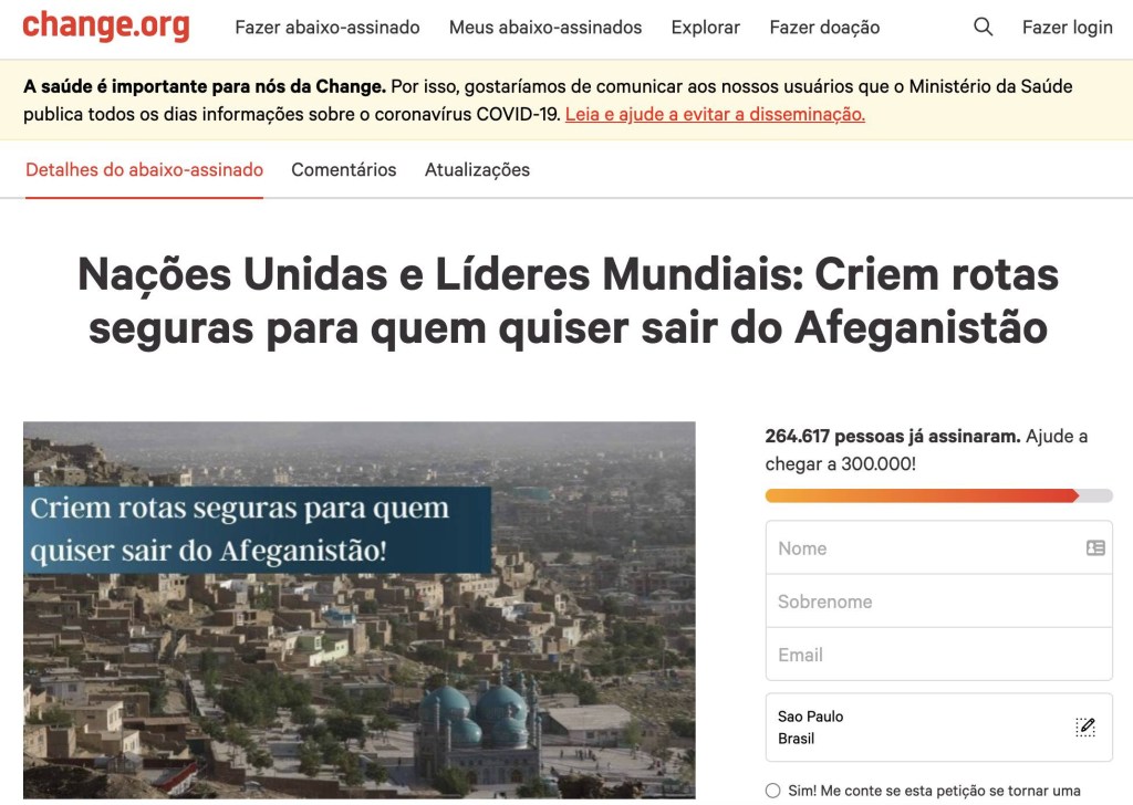 SOS Afeganistão: Petição internacional une brasileiros e cidadãos de mais cinco países em apelo à ONU e a líderes mundiais por socorro aos&nbsp;afegãos