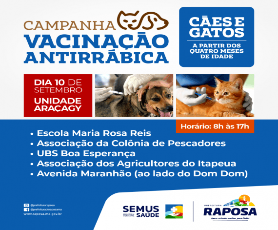 Prefeitura de Raposa iniciará campanha de vacinação antirrábica para cães e&nbsp;gatos