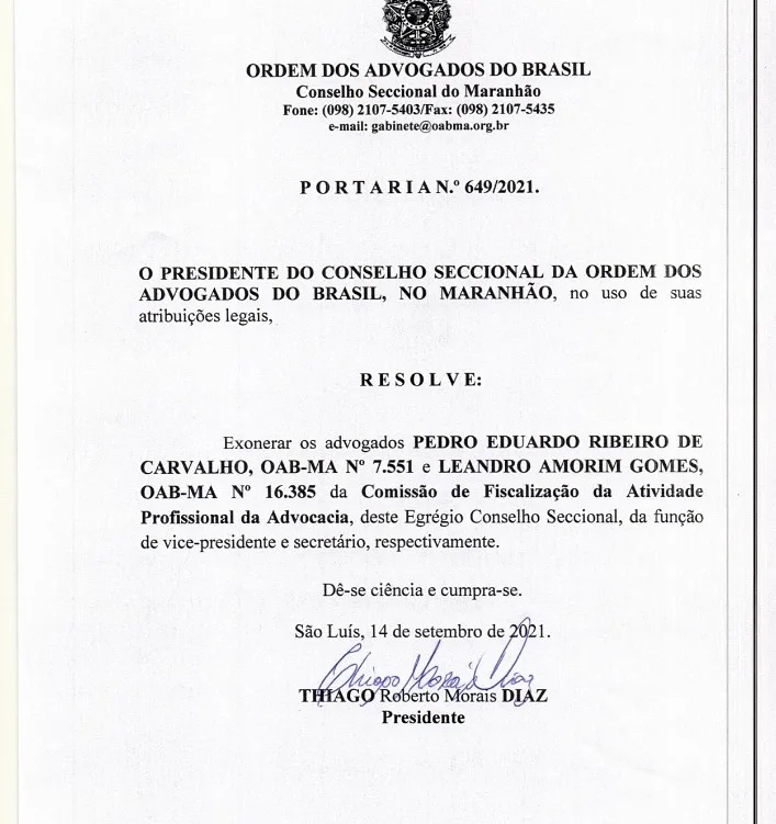Advogado é exonerado de comissão por não apoiar candidato do atual Presidente da&nbsp;OAB/MA