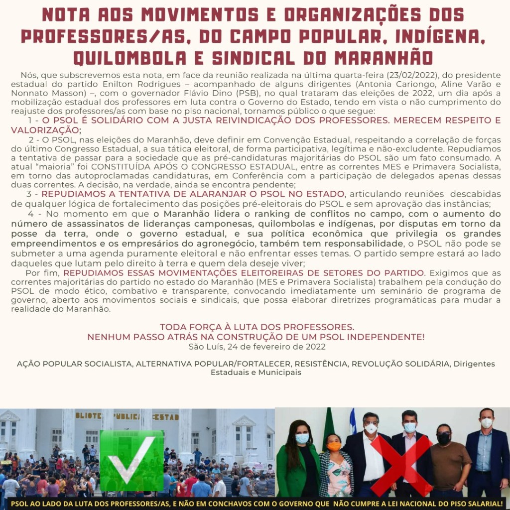 PSOL – Nota aos movimentos e organizações dos professores/as, do campo popular, indígena, quilombola e sindical do&nbsp;Maranhão