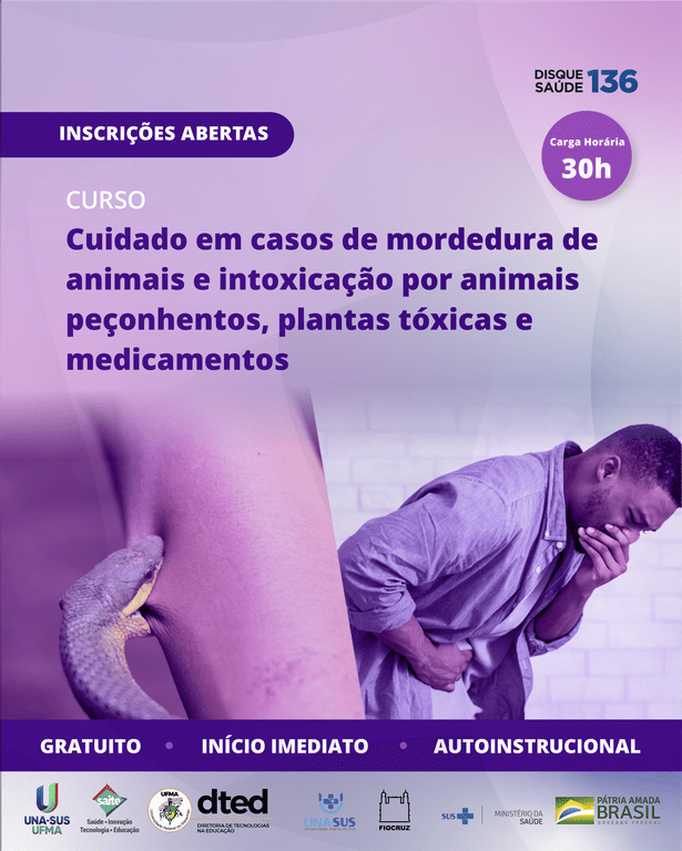 Inscrições abertas para o curso Cuidado em casos de mordedura de animais e intoxicação por peçonhentos, plantas e&nbsp;medicamentos