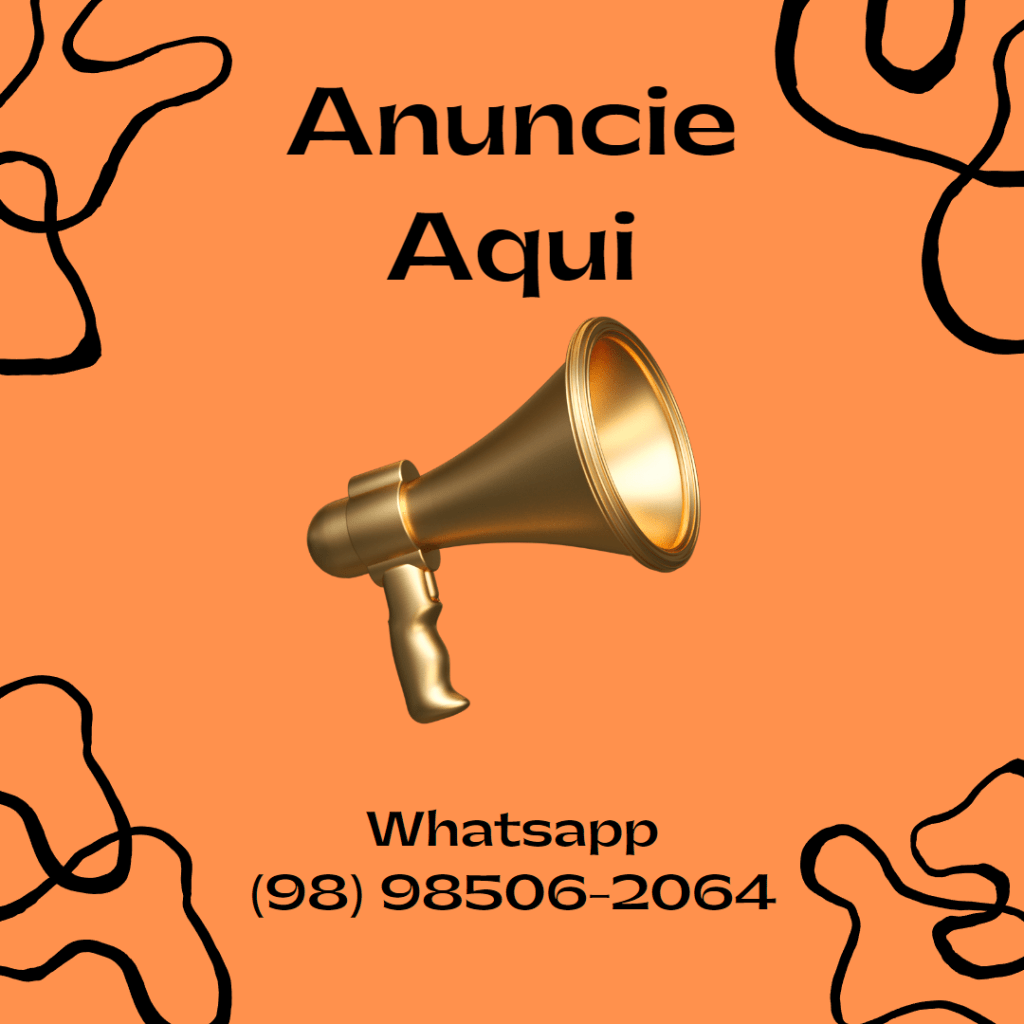 Image of a golden megaphone on an orange background with the text 'Anuncie Aqui' and a Whatsapp contact number.