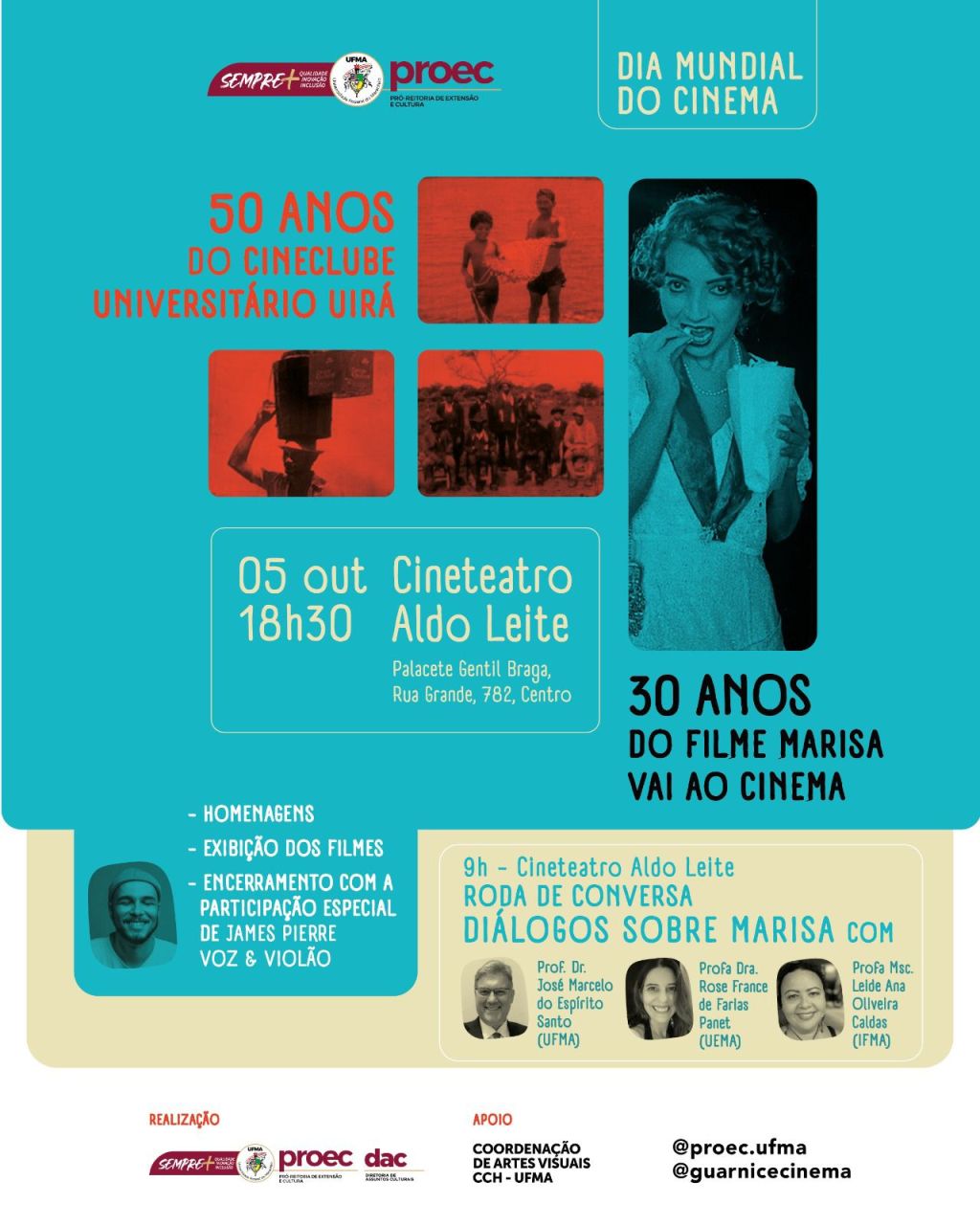 Dia Mundial do Cinema: UFMA celebra 50 anos do Cineclube Uirá e 30 anos de Marisa vai ao&nbsp;cinema